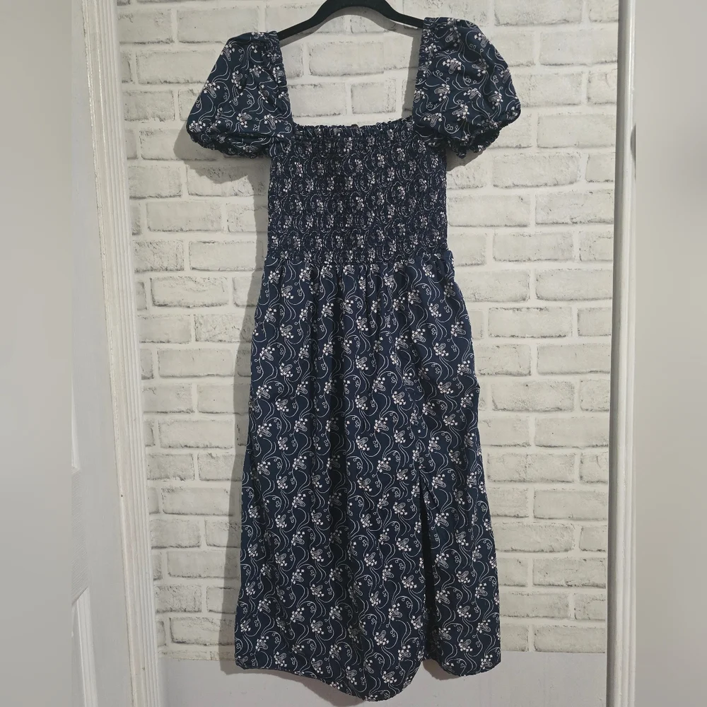 J. Crew Short Sleeve Smocked‎ Dress Navy Starry Swirl Size S